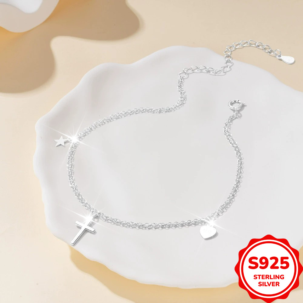 S925 Sterling Silver Ankle Bracelet with Double Layer Chain for Summer